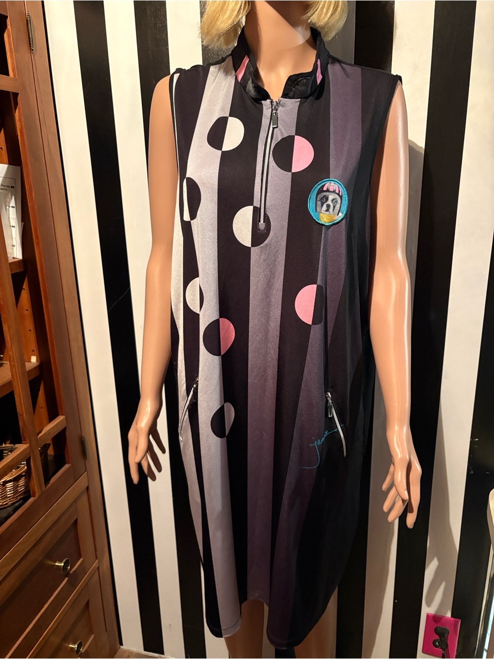 2002 Vintage jamie sadock Black, Gray and Pink Polka Stripe Sleeveless Dress XXL